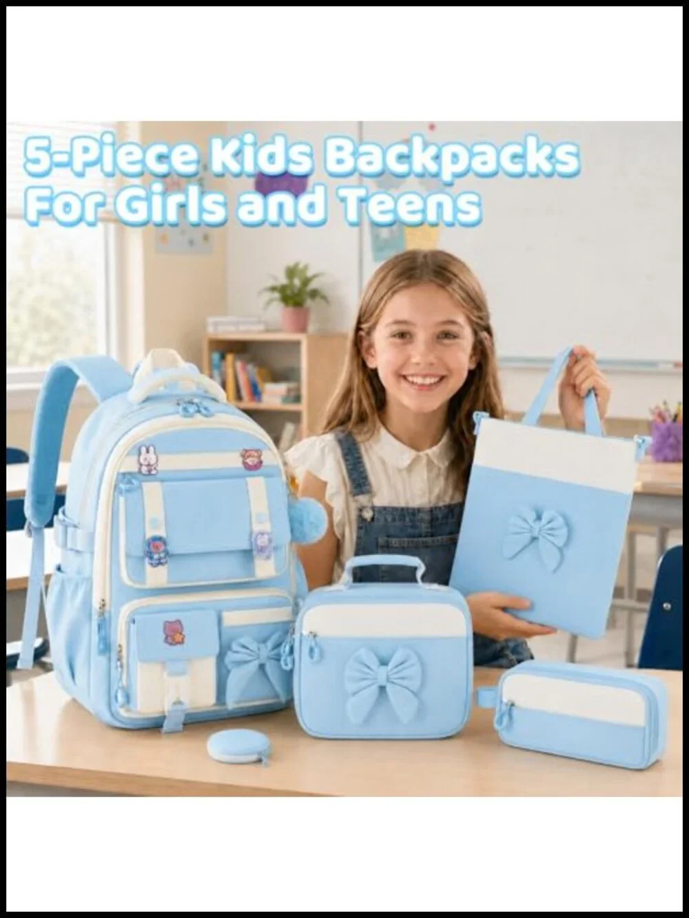 5pc Girls Backpack with Lunch Box Set, Kawaii Aesthetic Bookbag